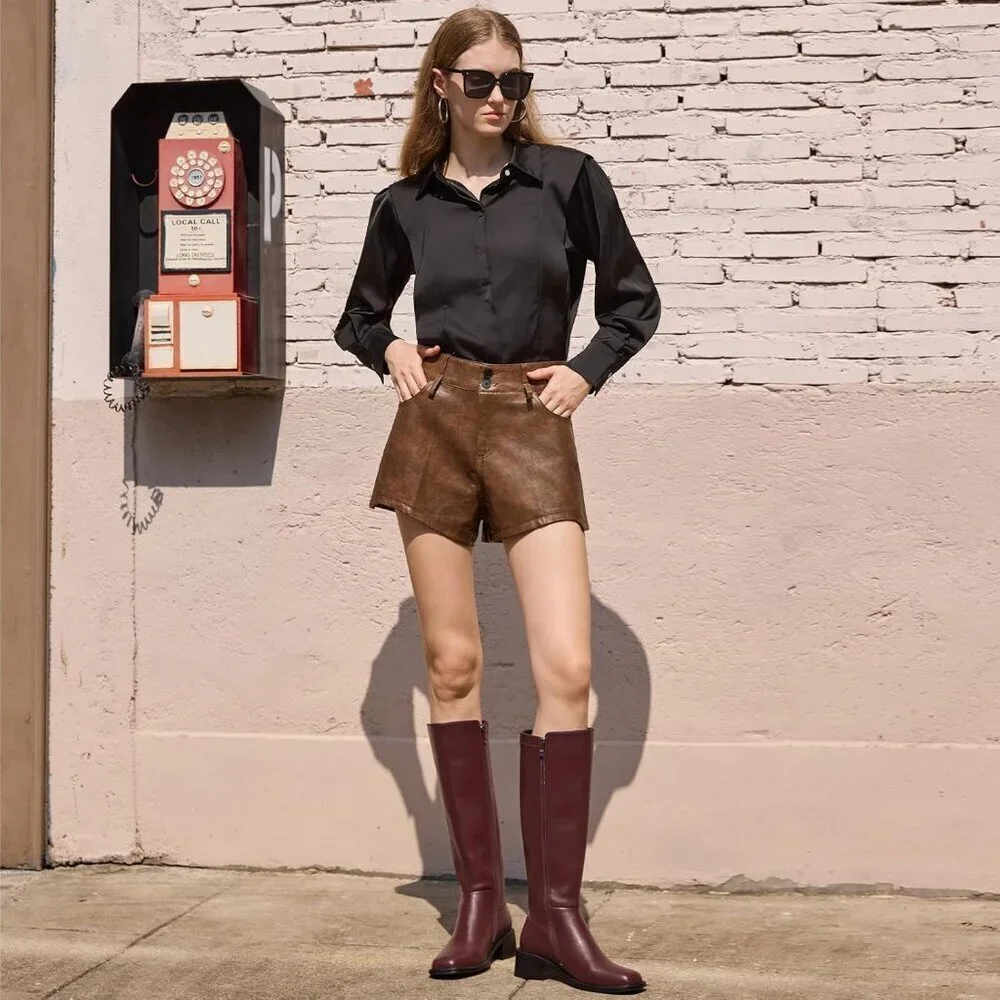 Women Brown Chunky Low Heel Square Toe Elastic Tall Boots Side Zipper PU Lea
